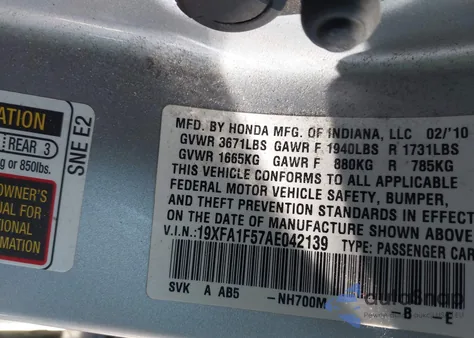 2010 Honda Civic Lx из США, поврежденный, VIN 19XFA1F57AE042139